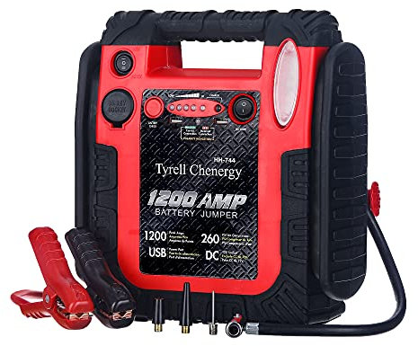 Tyrell Chenergy Arrancador de batería de coche de 1800 A con compresor de aire, 20000 mAh, 12 V, inflador de neumáticos de 260 PSI (hasta 8.0 L de gas/diésel) con luz LED y USB