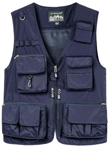 KTWOLEN Herren Anglerweste Sommer Leicht Schnelltrockenweste Funktionsweste Outdoor Fotografie Hundesport Weste Ärmellos Safari Weste mit Viele Taschen, Navy Blau, 3XL