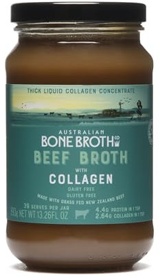 Beef Broth with Collagen Concentrate - Instant bone broth beverage boosted with grass-fed collagen. Halal Broth. Gluten Free, Preservative Free No spices or herbs. 375 gram Jar