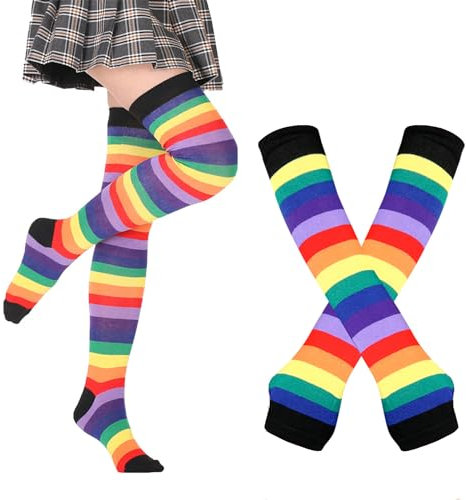 Benefeet Sox Womens Striped Thigh High Socks Arm Warmers Set Fingerless Gloves Over Knee Highs Halloween Stockings, Black Rainbow, One size