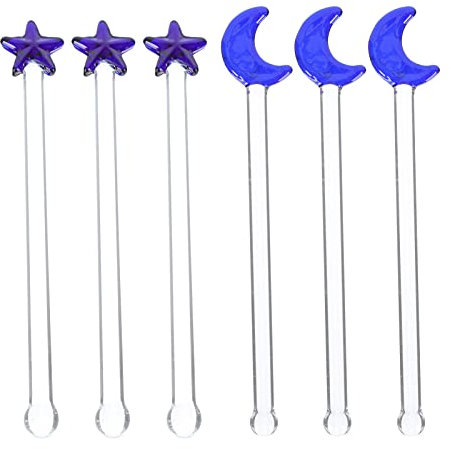 6Pcs Glass Blue Moon Star Swizzle Sticks Coffee Stirrers Stir Cocktail Drink Swizzle Stick Mixing Rods for Juice Wine Milk Tea Restaurant Home Bar