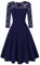 KOJOOIN Women's Floral Lace Dress Round Neck Cocktail Party Dress Vintage Swing Dress Navy Blue-01 Long Sleeve L
