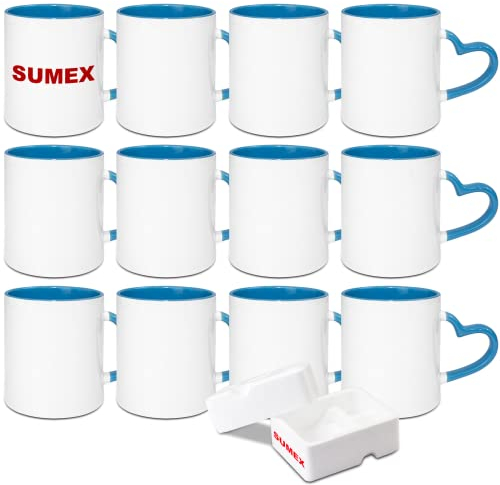 Sumex 11oz Set of 12 Sublimation Blanks Ceramic Coffee Mug with Heart Handle for Tea, Milk, Latte, Hot Cocoa,Blue Inner and Handle