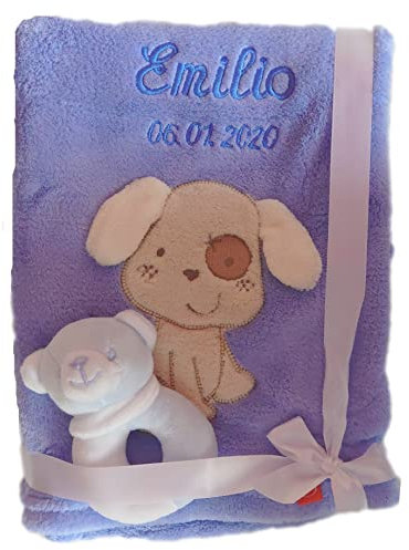 Wuff-Dogsworld Babydecke mit Namen Bestickt Babysocken und/oder Babyrassel Greifling Baby Geschenk Geburt Taufe (Pastell Hund)