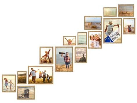 PHOTOLINI Bilderrahmen-Set Eiche, Holzbilderrahmen Made in EU, 15er Rahmenset, bruchsicheres Acrylglas, zum Aufhängen, Treppenhaus, extra Zubehör - für Ihre liebsten Fotos & Bilder