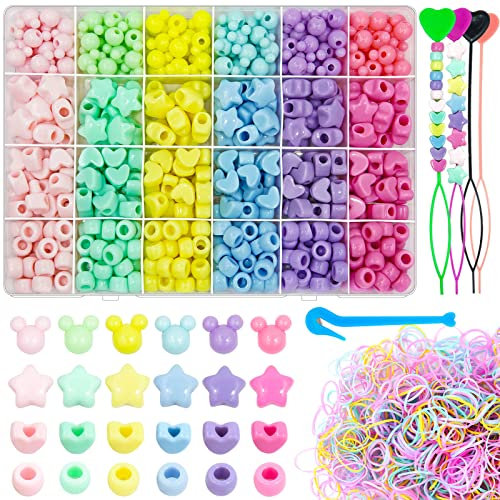 Wavlakth 1510 Pcs Candy Color Hair Beads for Girls Braids Kit with Elastic Rubber Band Threaders, Acrylic Star Heart Mickey Bead Mouse Head Pastel Cute Kandi Beads for Hair Bracelets Jewelry Making