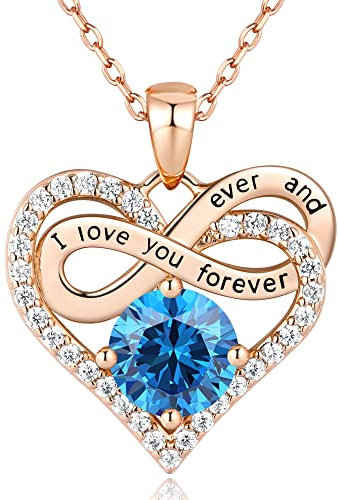 Jewlpire Infinity Heart Necklace for Women Girls with 925 Sterling Silver Chain, CZ Diamond Rose Gold Necklaces for Women, Christmas, Valentines, Birthday, Gift for Women Wife-Blue Topaz