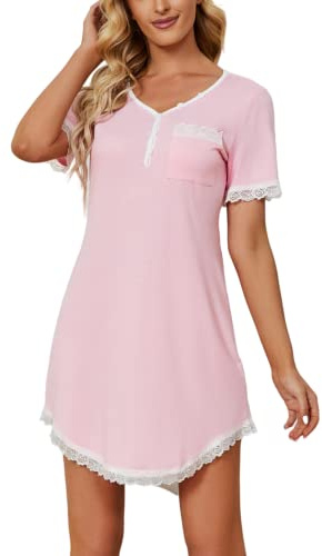Yukiuiny Chemises de Nuit Femme Coton Dentelle Nuisette Robe de Nuit Courte T Shirt de Nuit Pyjama Casual Col V Sexy Maternité Allaitement Top Confortable
