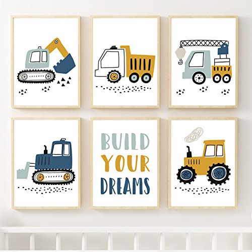 CPGG 6 Stück Kran Bagger Traktor Cartoon Wandkunst Leinwand Malerei Nordische Poster und Drucke Wandbilder für Baby Kinderzimmer Dekor-40 * 50cm (Ungerahmt)