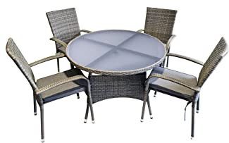 Signature Homes and Gardens SH&G Heaton 4 Seat Dining Table Set | 5 Piece Round Table & Chairs | Grey Rattan with Grey Cushions | Indoor & Outdoor
