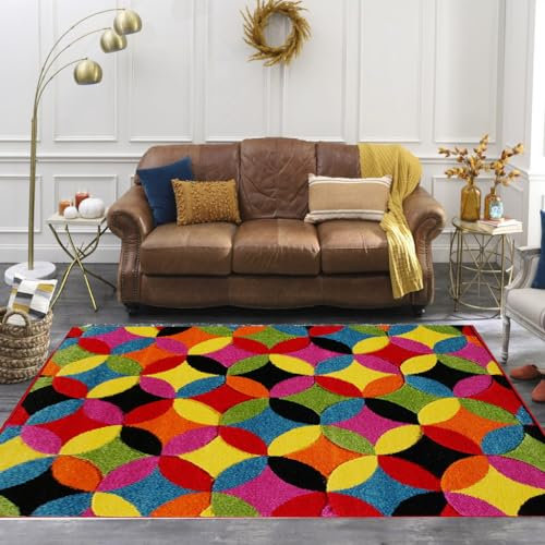 Hand Carved Multi Colour large Area Rug Hallway Geometric Design Rainbow Coloured Rugs Runner Floor Mat Door Mats (Circle Bright, 200 x 290 cm)