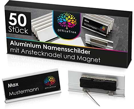 OfficeTree 50 x Aluminium Namensschilder Magnet inklusive Anstecknadel - Name Tag Magnet - Namensschilder für Kleidung Magnet - Namensschilder Magnetisch für Messen Seminare Events