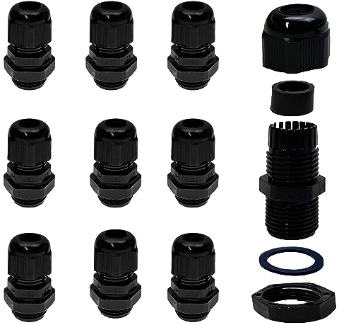 Pack of 10 M20 x 1.5 (Plastic/Black) Cable Gland / Cable Grommets with Locknut for Cable Diameter 6-12 mm Waterproof IP68 - (Metric)