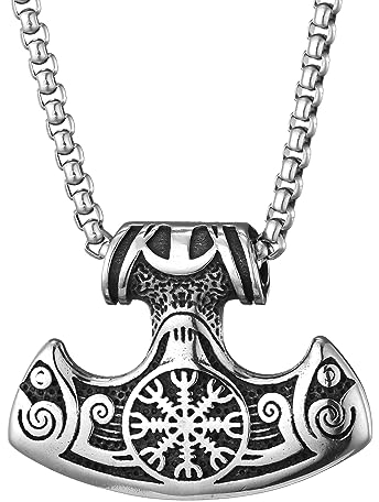 YAHOYA Wikinger Axt Anhänger Nordisches Schiff Speer Kompass Halskette Muster Thor Hammer Anhänger Herren Motorrad Schmuck Geschenk