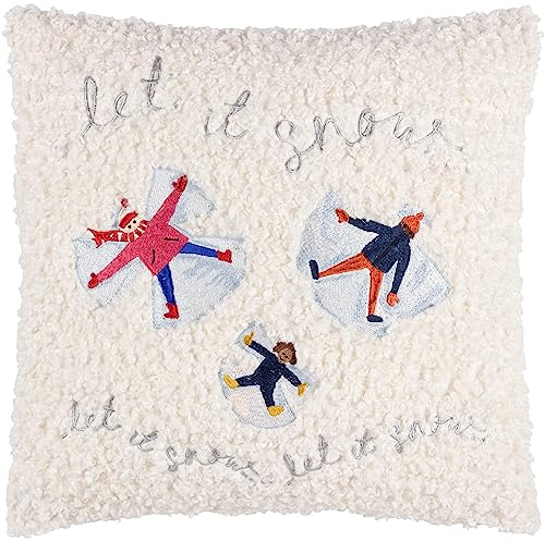 furn. Snow Angels Feather Filled Cushion (Snow - 43x43cm) | Christmas Snow Angels Embroidered Boucle Fleece Slogan Velvet Reverse Festive Pillow