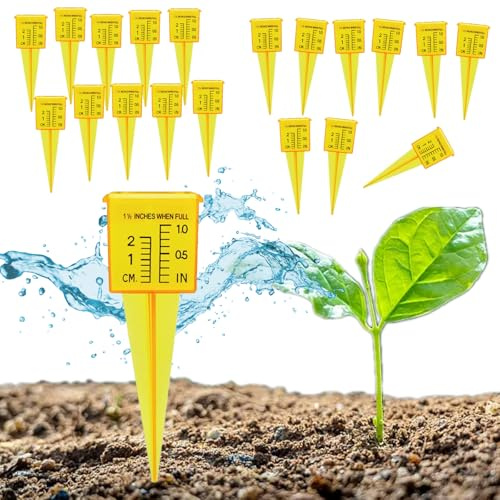 Qivine 20 Stück Regenmesser Garten, 20mm und 1 Zoll Skalen Niederschlagsmesser mit Erdspieß, 13,5 × 4,8 × 4,5cm Kunststoff Frostsicher Regenwasser
