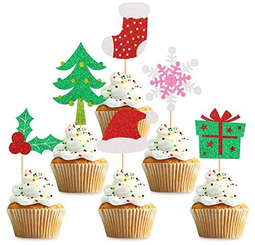 Blumomon 24 Stück Frohe Weihnachten Cupcake Toppers Weihnachten Schneemann Weihnachtsbaum Winterurlaub Neujahr Zeremonie Cupcake Picks Weihnachtskuchen Dekorationen