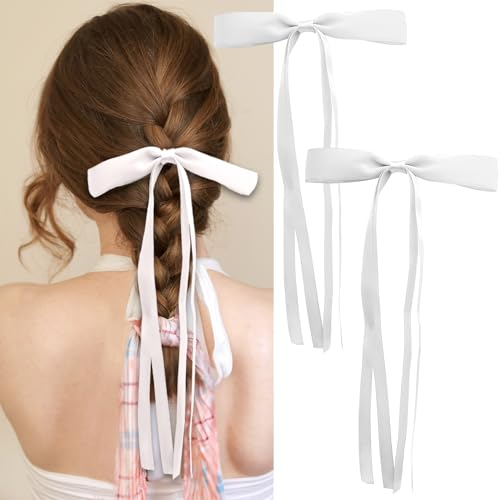 2 fiocchi per capelli, fermagli per capelli con fiocco fermagli per capelli alla francese con fiocco lungo fermagli per capelli a nastro fermagli per capelli con fiocco per donne ragazze-bianco puro
