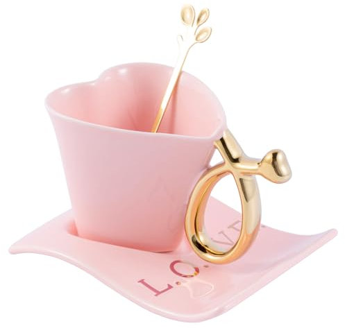 Winlauyet 135 ml / 4.56 oz Porcelain Espresso Cups Heart-Shaped Cup Mug with Saucer and Spoon Set Ceramic Coffee Tea Cups (Pink)