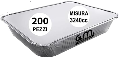 GM KIT 200 Vaschette Alluminio 8 Porzioni da 3240cc. + 200 Coperchi in Cartoncino/Alluminio, Contenitori Alimenti Usa e Getta con Coperchio, Teglie da forno Adatte al Congelamento, Cottura e Asporto