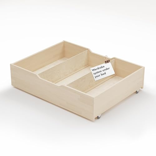 Hansales Massivholz Unterbettbox mit Rädern und Fächern 91,1x100x24cm, Holzschubladen für Betten Lisette