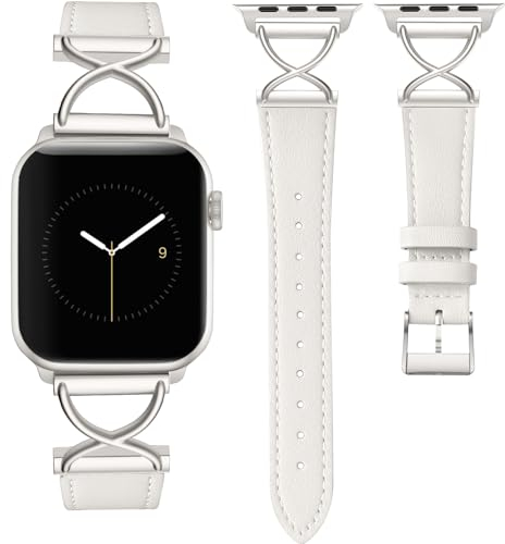 CeMiKa Correa de Cuero Compatible con Apple Watch 41mm 40mm 38mm para Mujeres, Correa Fina de Cuero Genuino con Metal en Forma de X para iWatch Serie 9 8 7 6 5 4 3 2 1 SE, Marfil Blanco/Estrella