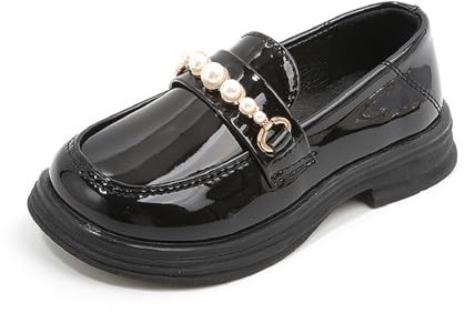 FM2018XSL Scarpe Tipo Mocassino Eleganti per Ragazza Decorate con Perle, Scarpe in Vernice Senza Lacci, Taglie 22-36(Nero-29)