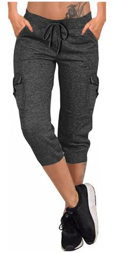 Pantaloni Capri da donna in vita elasticizzata, a tre quarti di jeans da donna con tasca, casual, Capri elasticizzati, larghi, taglie forti, pantaloni a 3/4, pantaloni a tre quarti, grigio scuro, XL
