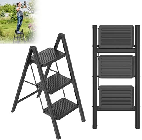 XMTECH Trittleiter 3 Stufen, klappbar, Metall, Schwarz, 150 kg, Haushalt | Rutschhemmende Trittflächen, bodenschonende Gummifüße, kompakt verstaubar, praktisch für Küche, Büro und Garage