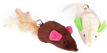 Dingo Set de Jouets pour Chat: 2 Souris en Peluche avec Oreilles Colorées, Clochettes et Queues Plumeuses, pour Jouer et Chasser. Jouets Légers pour Chat en Marron et Écru (21259)