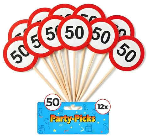 Tiwoca Deko zum 50. Geburtstag – 12 Stück rot-weiße Party-Picks mit Verkehrsschild-Optik Zahl 50 – Ausgefallene Geburtstagsdeko und lustige Geschenkideen für Männer und Frauen