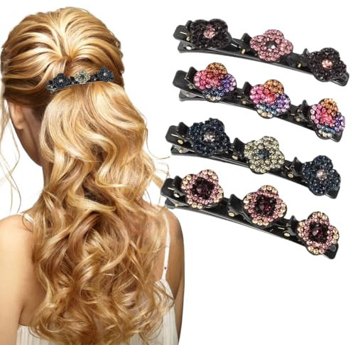 Lot de 4 pinces à cheveux avec pierres de cristal étincelantes, élégantes et brillantes, double couche, mini pinces à cheveux en forme de fleur en cristal pour femmes et filles (fleur)