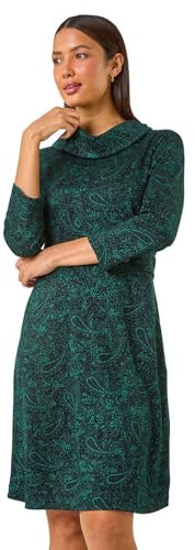 Roman Originals Cowl Neck Dress for Women UK - Ladies Button Detail Shift Work Office Autumn Winter Knee Length Casual 3/4 Full Length Sleeve Round High Warm Neckline - Green Black - Size 20