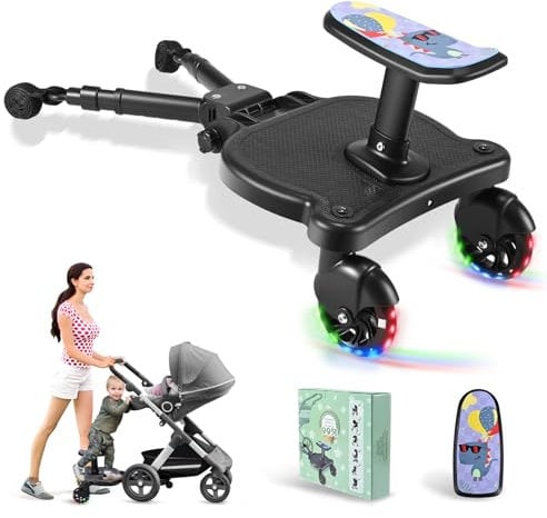ENERHUB Universal Buggy Board with Seat, Kiddy Board with 2 LED Lighted Wheels Fits for 99% Pushchairs, Prams Accessories with Detachable Seat for Children Aged 2-6 Years, Holds Kids Up to 25kg