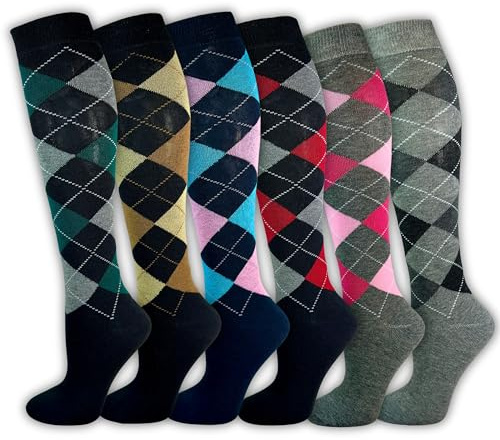 Generisch Lot de 6 paires de chaussettes d'équitation pour femme - Taille confortable - Coton - À carreaux - Respirantes