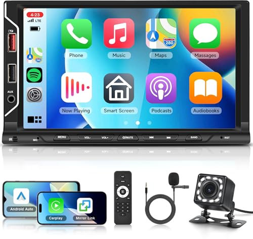 2 DIN Radio de Coche con Wireless Carplay Android Auto Manos Libres Bluetooth Rimoody 7 Pulgadas Pantalla Táctil 2 DIN con Bluetooth Mirror Link FM Radio USB/TF/AUX Control del Volante Cámara Trasera