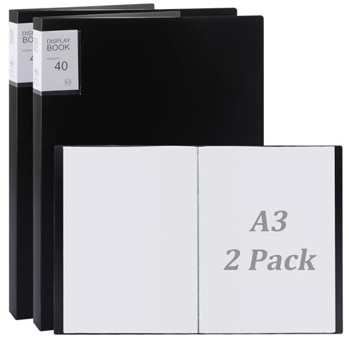 YOUNTHYE 2Pack A3 Display Book Folder, 40 Pocket Presentation Book A3 Folder with Plastic Sleeves, Black Art Portfolio Storage Organiser for Artwork Painting