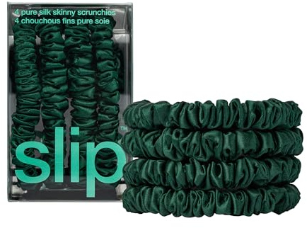 slip Skinny Forest Green Scrunchies - Back to School Range - Anti-Crease, Anti-Breakage Slipsilk Hair Ties - Design Protects Delicate Hair - Includes 4 x Pure Silk Scrunchy For Hair Pony Tails