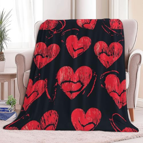Flanelldecke Kuscheldecke, Romantisches rotes Herz Liebeselemente Super Soft Weiche Wohndecke Warm Bequem Flauschige Decke TV-Decke Mikrofaserdecke Sofadecke Schwarz 150 x 200 cm