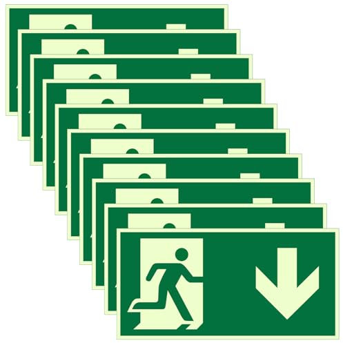10 Stück Schilder Notausgang, 30 x 15cm Notausgangsschild Nachleuchtend, Langnachleuchtende Schild Notausgangsschild Pfeil Unten Selbstklebend Fluchtwegschild Rettungsweg-Nach unten