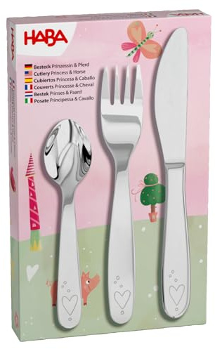 HABA Besteck Prinzessin & Pferd - Kinderbesteck aus Edelstahl mit Herzmotiv – Set aus Gabel, Messer und Löffel – spülmaschinengeeignet – Ab 12 Monaten – 2012819004