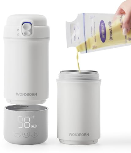 WONDBORN Portable Bottle Warmer for Travel, Instant Heating, Dishwasher Safe, 30W Precise Temperature Control, Long Lasting Battery Fast Charging, Capacity