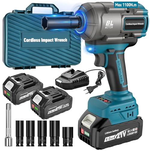 Yofuly 1100 Nm Clé à Chocs Sans Fil Compatible avec Maa-kita 18V 21V, Batterie 2 × 4,0 Ah avec écran LCD, Boulonneuse a Choc 1/2 avec 5 Douilles + Rallonge pour Pneus de Voiture et Echafaudages