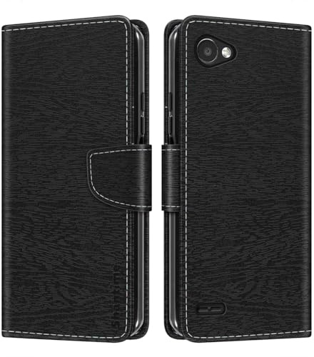 Shantime Custodia pelle effetto legno per LG Q6 - Nero | 5.5 Custodia flip con chiusura magnetica, portacarte e guscio portafoglio a protezione totale