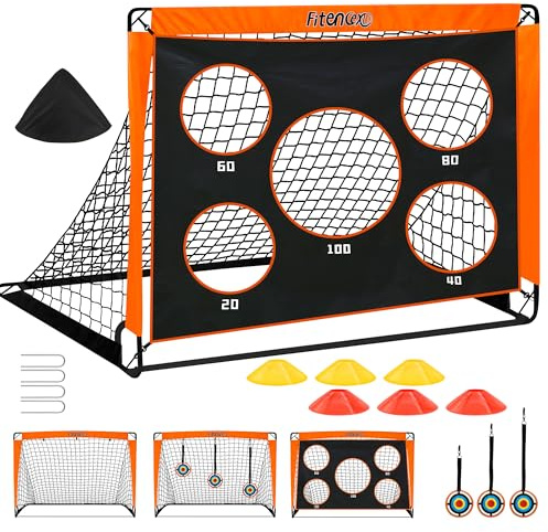 Fitencexu Fußballtor für Kinder Fußball Tore Torwand Fussballtor Outdoor 3 In 1 Pop Up Tor mit 5 Schussloecher und Tragetasche, Bodennägeln, 3 Zielscheiben & 6 Hindernisse (Orange)