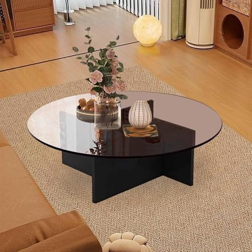 NZVZGKTNTW Table Basse Ronde avec Plateau en Verre Et Base en Bois, Style Milieu du Siècle, 80 Cm(Black+Brown)