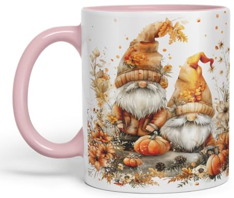 Vixar Ceramic Mug with Autumn Gnomes and Pumpkins Gnome Ceramic Coloured Mug Cup 330ml 11Oz (Pink)