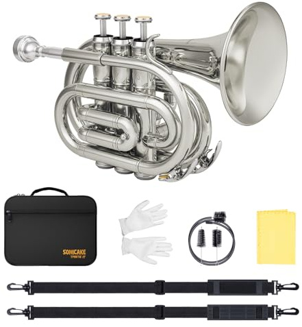 SONICAKE Pocket Trumpet for Beginners Students - Nickel Plated Bb Flat Mini Brass Trumpet Full Kit with 7C Mouthpiece, Hard Case, Gloves & Cleaning Kit QPT-02 (Nickel)