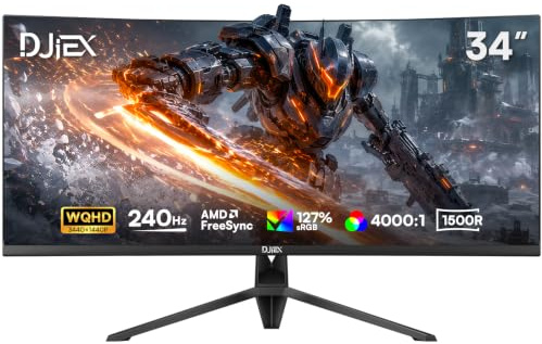 DJiEX Monitor curvo da gioco da 34 pollici, 240 Hz, risoluzione WQHD 3440 x 1440, formato ultra largo 21:9, pannello VA 1500R, 127% sRGB, HDR10, FreeSync, HDMI, DisplayPort, VESA, ideale per giochi e