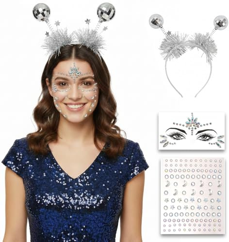 3-teiliges Disco Set: Haarreif Discokugel Silber + Face Gems & Glitzersteine – 70er 80er Jahre Kostüm Damen & Kinder – Wackel Haarschmuck & Gesichtstattoo für Fasching, Karneval, Space Party (A)